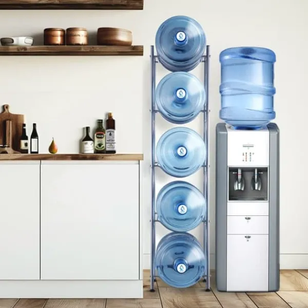 Vandkandeholder 5-etagers, enkeltrækkende vandflaskestativ til 5 flasker, sølvfinish, pladsbesparende design Hot