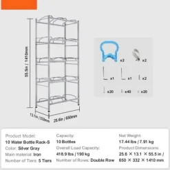 Vandkandeholder 5-lags, Dobbeltrækket, 10 flasker, Sølvgrå, effektiv opbevaring, robust design New
