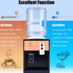 Vandkøler Dispenser, Dobbelt Spændingssupport, 550W Opvarmningskraft, 75W Kølekapacitet, 8℃ Minimum Køling, 95℃ Maksimum Opvarmning Clearance