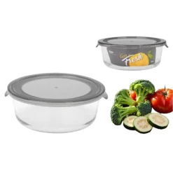Beholdere Til Madopbevaring>Varmebestandig glasbeholder, rund, salatskål med låg, til mad, KEEP IT FRESH, 1300 ml, grå