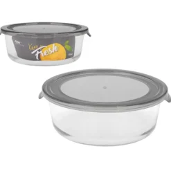 Beholdere Til Madopbevaring>Varmebestandig glasbeholder, rund, salatskål med låg, til mad, KEEP IT FRESH, 1300 ml, grå