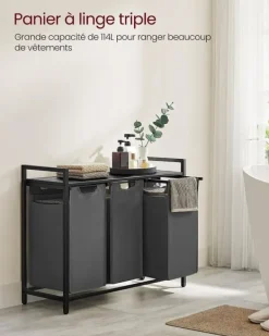 Vasketøjsudstyr>Vasagle vasketøjskurv, 3-rums vasketøjskurv, udtrækkelige og aftagelige vasketøjsposer, sort og grå