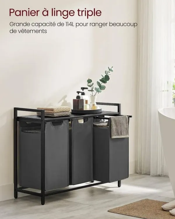 Vasketøjsudstyr>Vasagle vasketøjskurv, 3-rums vasketøjskurv, udtrækkelige og aftagelige vasketøjsposer, sort og grå