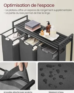 Vasketøjsudstyr>Vasagle vasketøjskurv, 3-rums vasketøjskurv, udtrækkelige og aftagelige vasketøjsposer, sort og grå