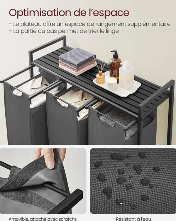 Vasketøjsudstyr>Vasagle vasketøjskurv, 3-rums vasketøjskurv, udtrækkelige og aftagelige vasketøjsposer, sort og grå