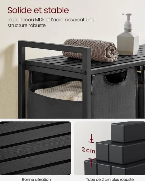 Vasketøjsudstyr>Vasagle vasketøjskurv, 3-rums vasketøjskurv, udtrækkelige og aftagelige vasketøjsposer, sort og grå