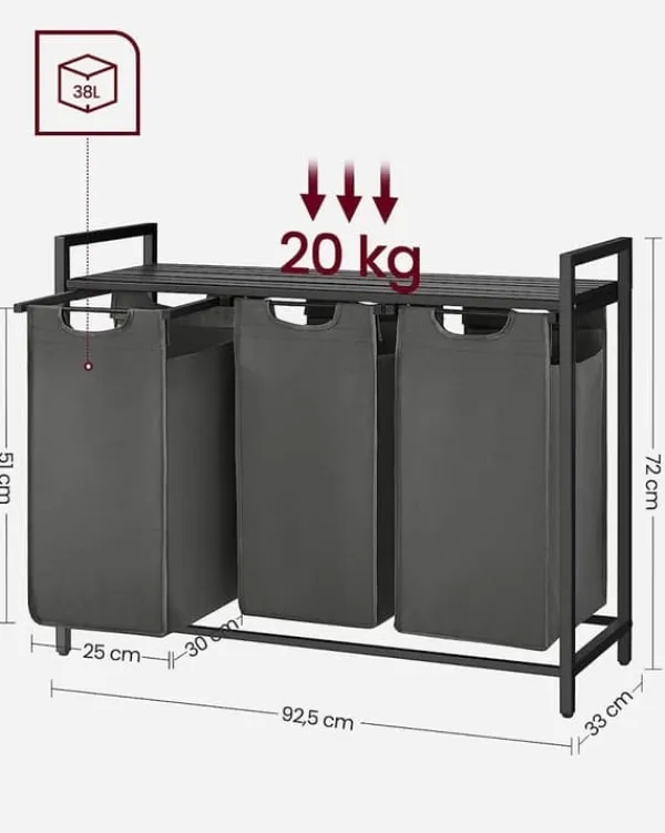 Vasketøjsudstyr>Vasagle vasketøjskurv, 3-rums vasketøjskurv, udtrækkelige og aftagelige vasketøjsposer, sort og grå