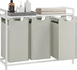 Vasketøjsudstyr>Vasagle vasketøjskurv, 3-rums vasketøjskurv, udtrækbar og aftagelig 38L, hvid