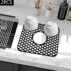 Måtter & Gitter Til Køkkenvaske>Vaskebeskyttelsesmåtte - Rektangulær silikone - Sæt med 2 - Skridsikker, beskytter vasken - Str. S - Sort