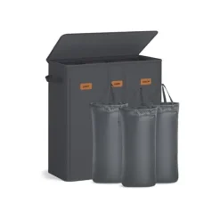 Vasketøjskurv - 3 rum med låg - vaskbar inderpose - mørkegrå Outlet