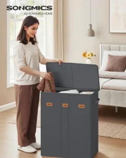 Vasketøjskurv - 3 rum med låg - vaskbar inderpose - mørkegrå Outlet