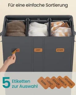 Vasketøjskurv - 3 rum med låg - vaskbar inderpose - mørkegrå Outlet