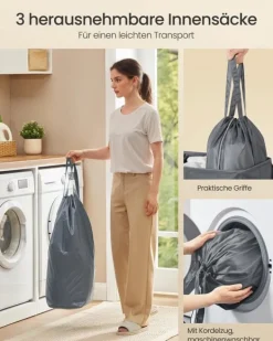 Vasketøjskurv - 3 rum med låg - vaskbar inderpose - mørkegrå Outlet