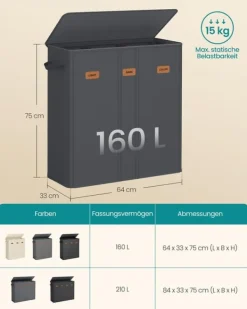 Vasketøjskurv - 3 rum med låg - vaskbar inderpose - mørkegrå Outlet