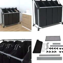 Vasketøjsudstyr>Vasketøjskurv med 4 poser sort grå - Vasketøjskurv - Vasketøjskurve - Home & Living