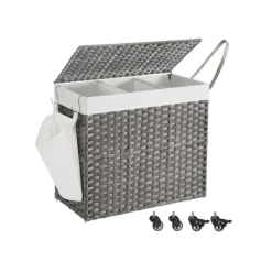 Vasketøjskurv med låg, 160 L, vasketøjskurv, 3 rum, vasketøjssortering med hjul, rottinglook, vasketøjspose, aftagelig, til vaskerum, 70 x 36 x 66 cm | CDON Sale