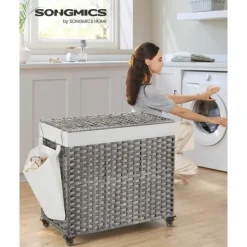 Vasketøjskurv med låg, 160 L, vasketøjskurv, 3 rum, vasketøjssortering med hjul, rottinglook, vasketøjspose, aftagelig, til vaskerum, 70 x 36 x 66 cm | CDON Sale