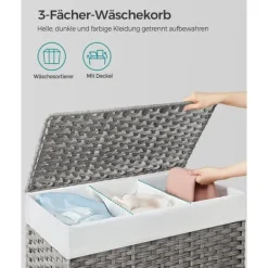 Vasketøjskurv med låg, 160 L, vasketøjskurv, 3 rum, vasketøjssortering med hjul, rottinglook, vasketøjspose, aftagelig, til vaskerum, 70 x 36 x 66 cm | CDON Sale
