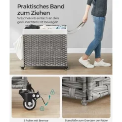 Vasketøjskurv med låg, 160 L, vasketøjskurv, 3 rum, vasketøjssortering med hjul, rottinglook, vasketøjspose, aftagelig, til vaskerum, 70 x 36 x 66 cm | CDON Sale