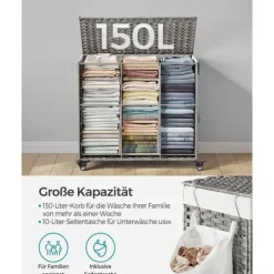 Vasketøjskurv med låg, 160 L, vasketøjskurv, 3 rum, vasketøjssortering med hjul, rottinglook, vasketøjspose, aftagelig, til vaskerum, 70 x 36 x 66 cm | CDON Sale