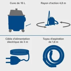 Grovstøvsugere>VC16 Våd- og tørstøvsuger - 1200 W - 16L plasttank - SCHEPPACH
