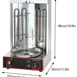 Vertikal Doner Grill, 3 kW Varmekapacitet, Justerbar Temperatur 50-300 °C, Dimensioner 29,5 cm x 26,5 cm x 48,5 cm, Rotationshastighed 6 RPM Hot