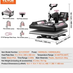 VEVOR Varmepressemaskine, 15x15in Varmeplade, 1150W Effekt,15x15in 8in1 B Pink Sale