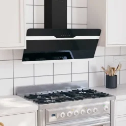 Emhætter>Væghængt emhætte 90 cm - Støjsvag med LED-lampe og vaskefilter | Farve: Sort | Materiale: Stål og hærdet glas