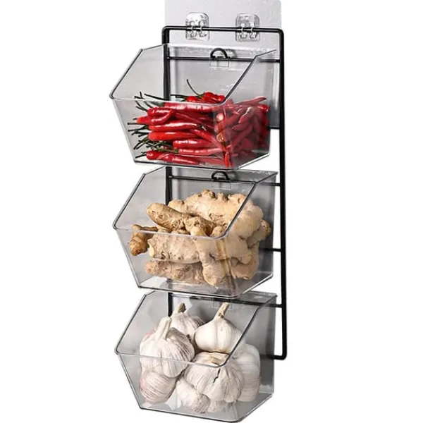 Beholdere Til Madopbevaring>vægmonteret opbevaringsbeholder 3-lags væghængt køkkenopbevaringsboks til hvidløg, ingefær og løg, lodret ophængning