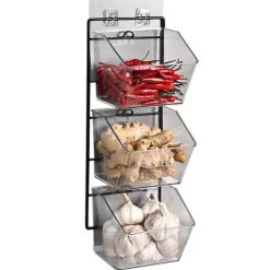 Beholdere Til Madopbevaring>vægmonteret opbevaringsbeholder 3-lags væghængt køkkenopbevaringsboks til hvidløg, ingefær og løg, lodret ophængning