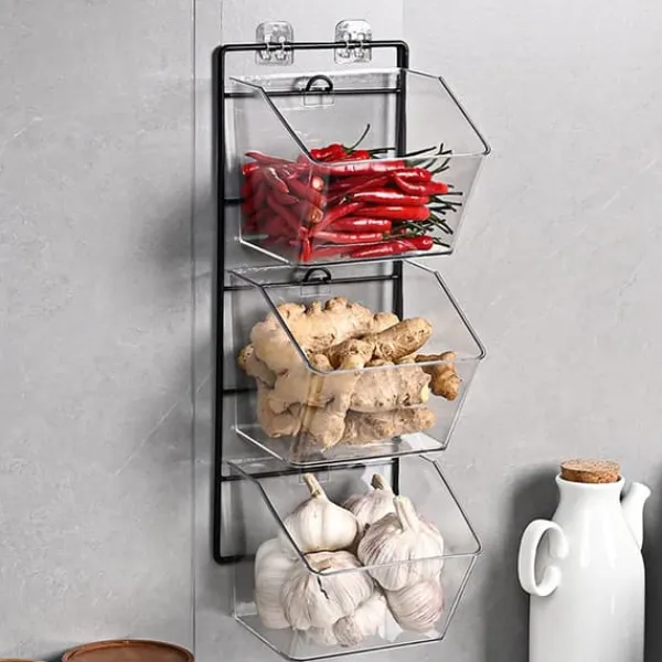 Beholdere Til Madopbevaring>vægmonteret opbevaringsbeholder 3-lags væghængt køkkenopbevaringsboks til hvidløg, ingefær og løg, lodret ophængning