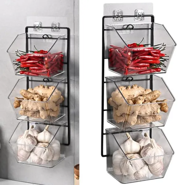 Beholdere Til Madopbevaring>vægmonteret opbevaringsbeholder 3-lags væghængt køkkenopbevaringsboks til hvidløg, ingefær og løg, lodret ophængning