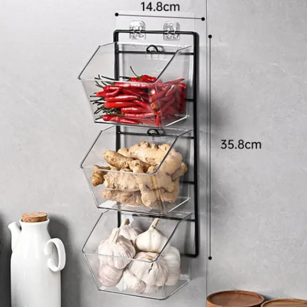 Beholdere Til Madopbevaring>vægmonteret opbevaringsbeholder 3-lags væghængt køkkenopbevaringsboks til hvidløg, ingefær og løg, lodret ophængning