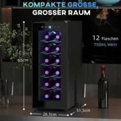 Vinkøler 12 flasker 30 L 8–18 °C, dobbelt termoelektrisk med glasdør og LED, touch, sort New