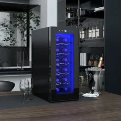 Vinkøleskabe>Vinkøler 12 flasker 30 L 8–18 °C, dobbelt termoelektrisk med glasdør og LED, touch, sort