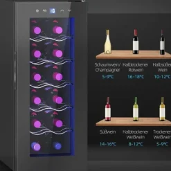 Vinkøler 12 flasker 30 L 8–18 °C, dobbelt termoelektrisk med glasdør og LED, touch, sort Sale