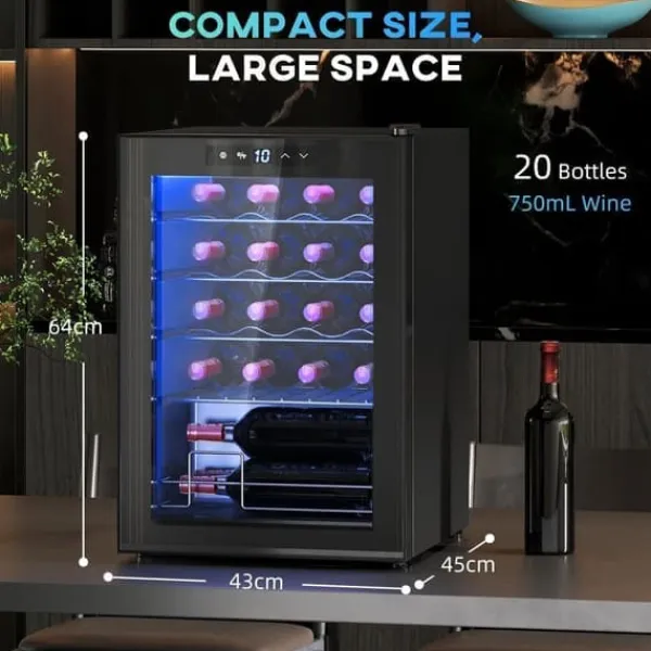 Vinkøleskab 20 flasker 53 L, 5–18 °C, kompressor, anti-UV glasdør, LED, sort