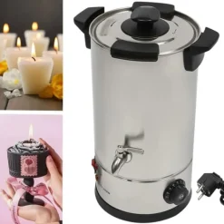 Vokssmelter til stearinlys - Smeltegryde med hane - 10 L - 304 Rustfrit Stål - Termostat 30–110 °C - 1800 W - 220–240 V - Sølv Sale