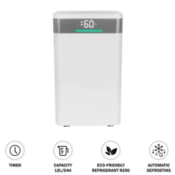 Vonroc Affugter 12L/dag | Til Rum op til 25 m² | Støjsvag & Kraftfuld | WiFi, Ionisator, Sølvionfilter, LED-display, Tørrefunktion & 2L Tank New