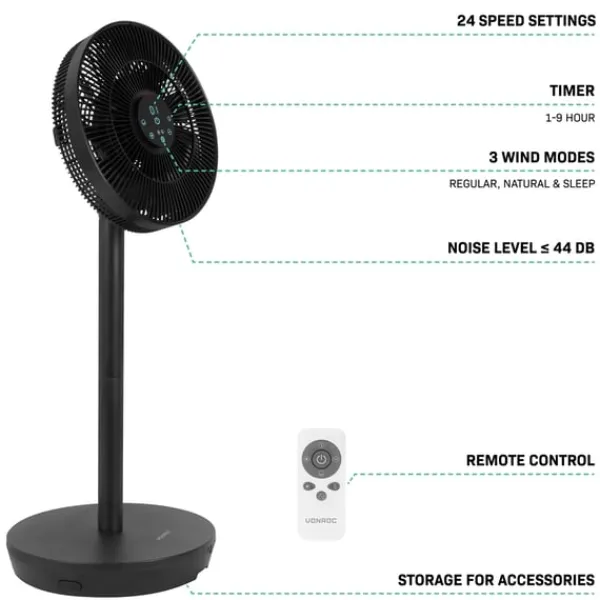 Vonroc Ventilatorer>BREEZE - Ventilator – Trådløs - Støjsvag (< 44 dB) – Sort | Inkl. Fjernbetjening