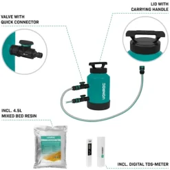 Vonroc DI Vandfilter & 20m Haveslange | Spotfri Rengøring | Inkl. 4,5L Resin & Digital TDS-Måler | Til Vinduer, Biler & Solpaneler | Inkl. Tilbehør