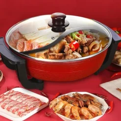 Yuanyang Hot Pot - Elektrisk hotpot-gryde - 6 L - 1300 W - Delt 2 smage - Rustfrit stål - Rød New