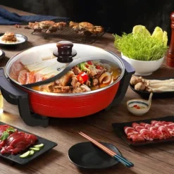 Yuanyang Hot Pot - Elektrisk hotpot-gryde - 6 L - 1300 W - Delt 2 smage - Rustfrit stål - Rød New