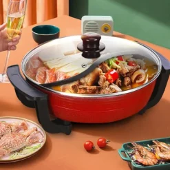 Yuanyang Hot Pot - Elektrisk hotpot-gryde - 6 L - 1300 W - Delt 2 smage - Rustfrit stål - Rød New