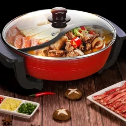 Yuanyang Hot Pot - Elektrisk hotpot-gryde - 6 L - 1300 W - Delt 2 smage - Rustfrit stål - Rød New